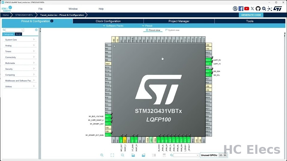 STM32CubeMX에서 본 STSPIN32G4(STM32G431VBTx) 핀 배치